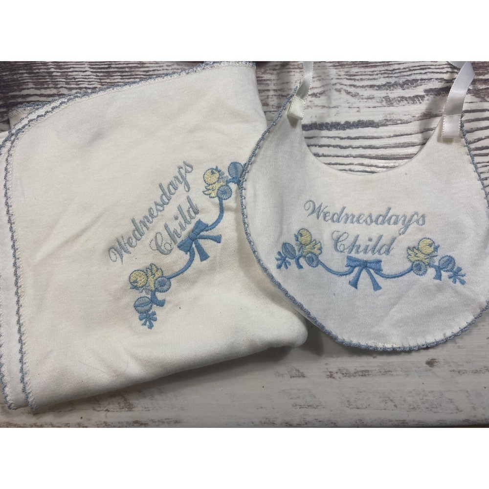 Vintage 1950s Tottle Take Wednesdays Child Embroidered Bib and Blankie Set